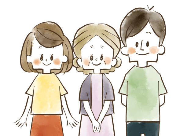 Family of three-Young man and woman and senior woman Smiling young man and woman and senior woman my stepmom stock illustrations