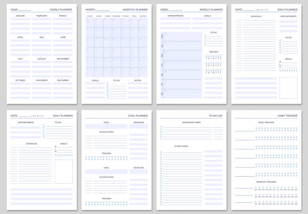 минималистский планировщик страниц шаблонов. страница организатора, дневник и ежедневная книга управления. планировщики жизни, еженедель� - органайзер stock illustrations