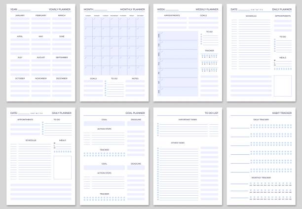 Minimalist planner pages templates. Organizer page, diary and daily control book. Life planners, weekly and days organizers vector set Minimalist planner pages templates. Organizer page, diary and daily control book. Life planners, weekly and days organizers or office schedule list. Graphic organization paper vector set time drawings stock illustrations