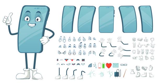 만화 스마트 폰 마스코트입니다. 재미있는 휴대 전화 캐릭터, 얼굴 다리와 팔 벡터 일러스트 번들 스마트 폰 화면 - human limb stock illustrations
