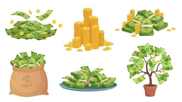 çizgi film parası. yeşil dolar banknotlar yığını, zengin altın sikke ve ödeme. nakit çantası, banknot yığınları ve para ağacı vektör illüstrasyon seti ile tepsi - money stock illustrations