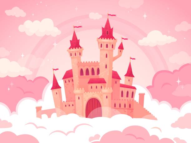 ilustraciones, imágenes clip art, dibujos animados e iconos de stock de castillo de dibujos animados en nubes rosas. tierra mágica, nube de cuento de hadas y cielo fabuloso. castillo de hadas para la pequeña ilustración vectorial princesa - palace