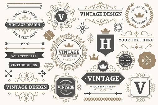 Vintage sign frames. Old decorative frame design, retro ornate label elements and luxurious vintage borders. Premium certificate badge, Victorian elegant tag. Isolated vector symbols set