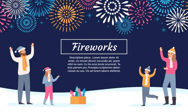 Family watching firework explosions. Couple with kids launching fireworks, celebrating holidays and new year flyer vector illustration Family watching firework explosions. Couple with kids launching fireworks, celebrating holidays and new year flyer. 2020 christmas greeting card, xmas winter firework vector illustration office christmas party stock illustrations