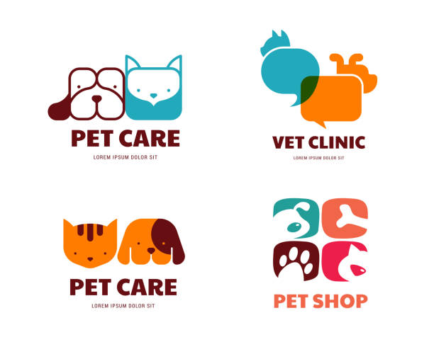ilustraciones, imágenes clip art, dibujos animados e iconos de stock de tienda de mascotas, clínica veterinaria de animales, iconos de perros y gatos, símbolos. diseño e ilustración vectoriales - clínica veterinaria