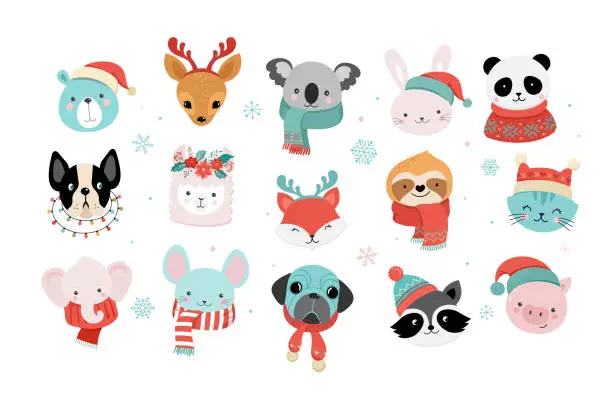 Vector illustration of Collection of Christmas cute animals, Merry Christmas illustrations of panda, fox, llama, sloth, cat and dog with winter accessories like a knited hats, sweaters, scarfs