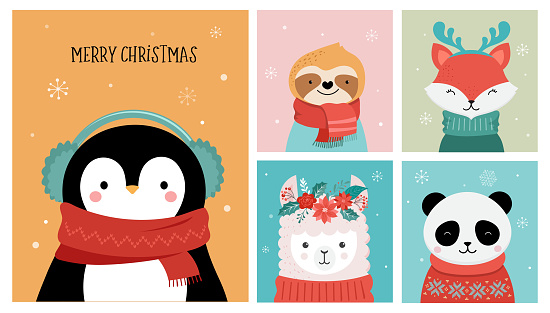 Collection of Christmas cute animals, Merry Christmas illustrations of panda, fox, llama, sloth, cat and dog with winter accessories like a knited hats, sweaters, scarfs