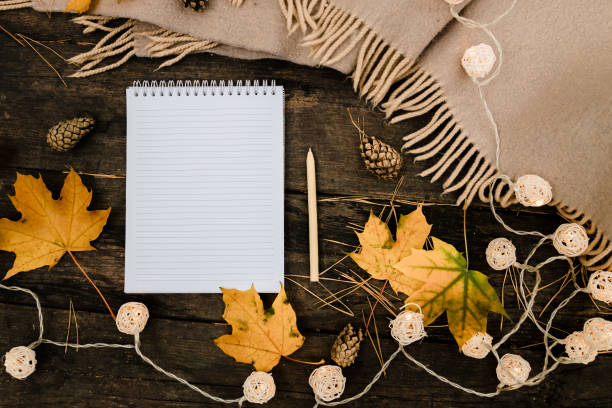 istock White blank notebook and pen on a dark background with a scarf, plaid and a cup, autumn yellow leaves and pine cones around. View from above. flat lay, in blur. Copy space 1180751337