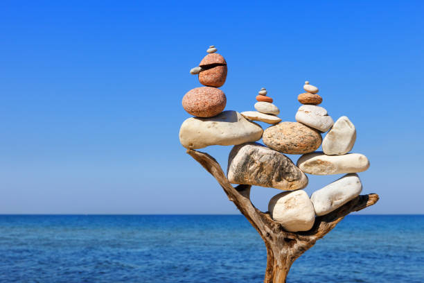 pierres équilibrées multicolores sur des chicots en bois, sur un ciel bleu et un fond de mer - balance simplicity nature beach photos et images de collection