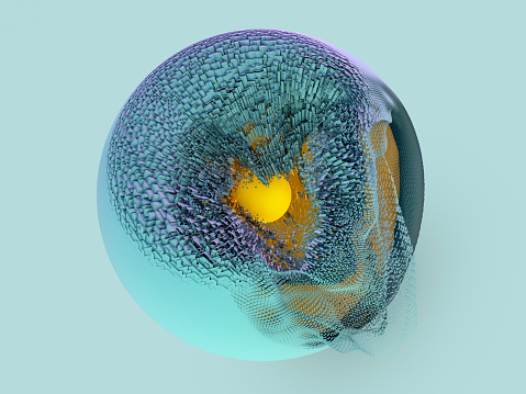 Abstract background with sphere and glowing core. 3D renering