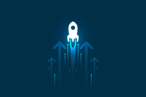 上火箭和箭的藍色背景插圖，複製空間組成，業務增長的概念。 - 在頂部 插圖 幅插畫檔、美工圖案、卡通及圖標