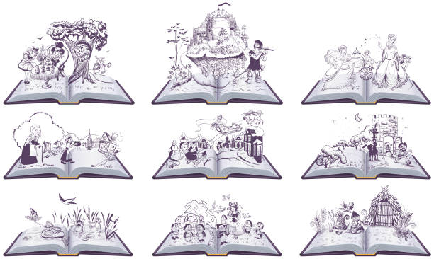 ilustrações, clipart, desenhos animados e ícones de jogo de ilustração aberta dos contos de fadas dos livros. cinderela, polegada, rainha da neve, músicos da cidade de bremen - book open picture book fairy tale
