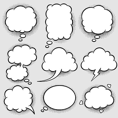 Set of comic speech and thought bubbles. Empty comic speech balloons and elements in retro vintage and pop art style. Speech bubbles with halftone shadow.