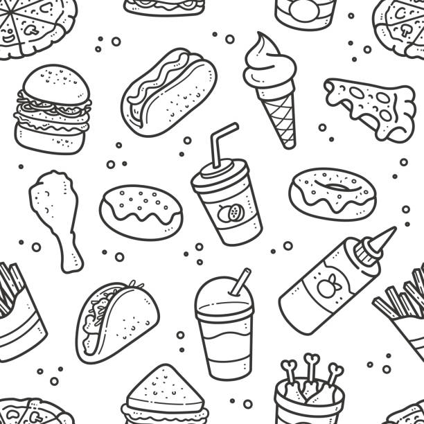 ilustraciones, imágenes clip art, dibujos animados e iconos de stock de patrón de comida rápida sin costuras - taco alimento