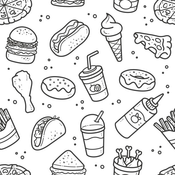 ilustrações, clipart, desenhos animados e ícones de teste padrão sem emenda do fast food - hot dog snack food ketchup