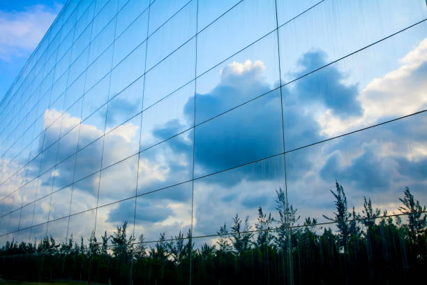 建物と空。青い白い背景。 - window reflection ストックフォトと画像