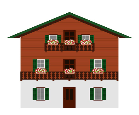 Beautiful traditional austrian wooden mountain house, isolated on white background. Alpine chalet with balconies and flowers. Vector illustration.