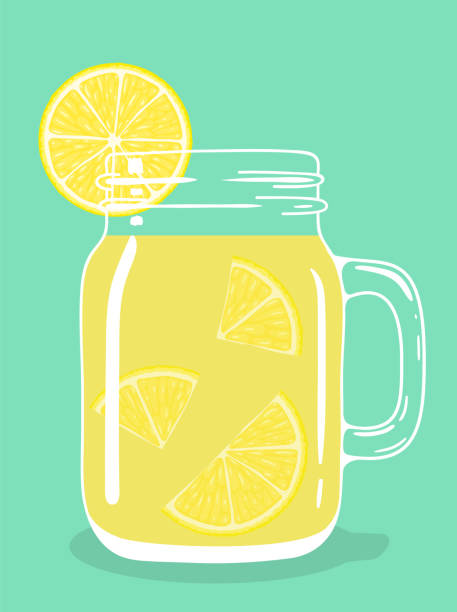 Lemon tea in glass mason jar. Vector hand drawn illustration. Fresh lemon tea drink with lemon pieces in glass vintage mason jar. Healthy natural delicious refreshing citrus fruit hot beverage. Vector illustration. mason jar stock illustrations