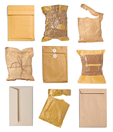 collection of various used open mail package on white background. each one is shot separately