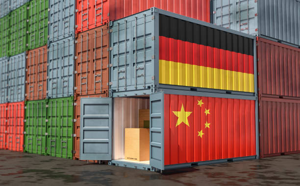istock Stacks of Freight containers. German and China flag. 3D Rendering 1180760584