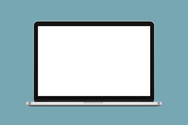 portátil pantalla en blanco aislado en fondo azul pastel con trazado de recorte - fotografía temas fotografías e imágenes de stock