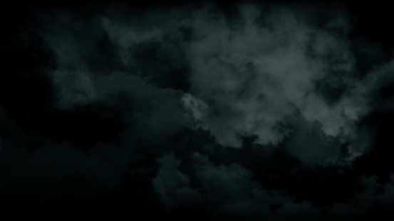 Atmospheric spooky halloween smoke. Abstract magic haze and fog background. 4K Cloud in slow motion on black. 3D illustration VFX element overlay with puffs slowly floating through space