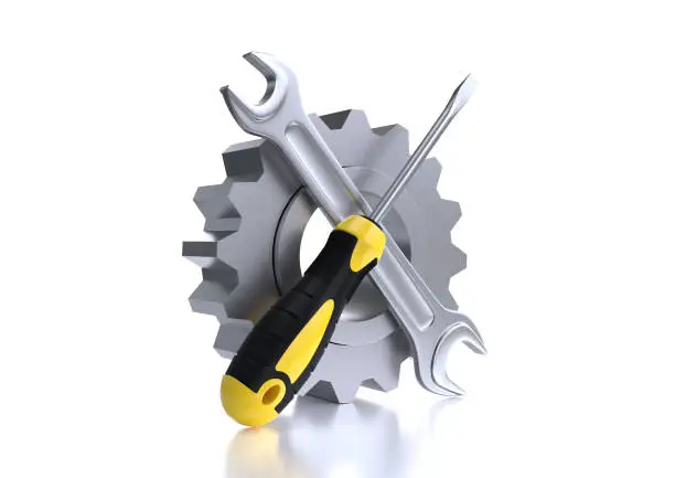 Photo of Yellow and black handle screwdriver, wrench and gear on white background