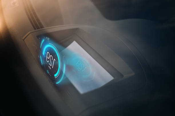 istock Car head-up and display on panel with speed hologram 1180763032