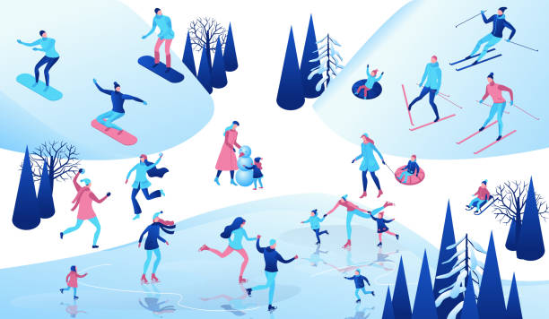 winter isometrische menschen-set, 3d-vektor-sport-familie eislaufen, skifahren, snowboarden, schneebälle spielen, einfache skater, ski, tubing, reiten am berg, outdoor-schnee-spiele, zeichentrickfiguren - skiing ski snow competition stock-grafiken, -clipart, -cartoons und -symbole