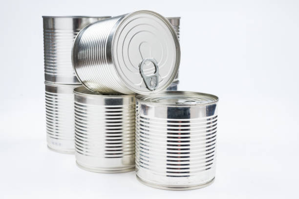 istock Group of silver canned food on white background. 1180764905