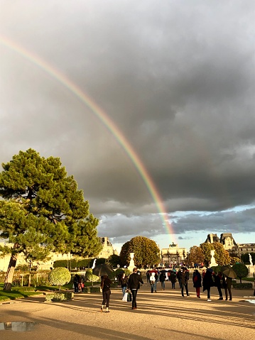 Rainbow on Arc de Triomphe du Carrousel, near Louvre, October 9, 2019 in Paris - France