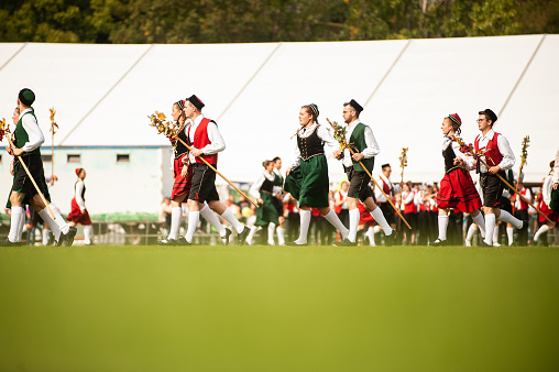 Germany, Niederstetten, Baden Wurttemberg. September 2019. Traditional autumnal Harvest Fest. Young people in folk costume performing traditional german Winzertanz, in English winemakers dance.