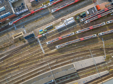 Railroad yard at station district aerial in Netherlands