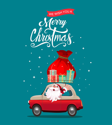 Merry christmas stylized typography. Vintage red car with santa claus and gift boxes.
