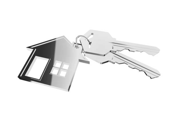 istock 3D key ring with house hanger on white background 1180777050
