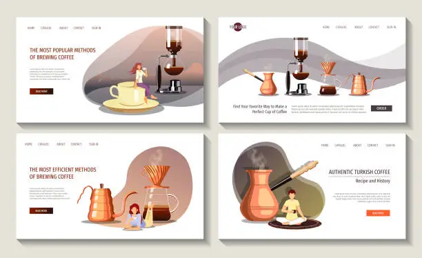 Vector illustration of Set of web page design templates for coffee, cafe bar, coffee shop and coffee makers. Pour-over, Turkish coffee, Syphon, Gooseneck kettle.