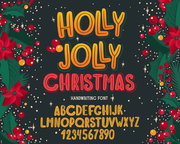 Christmas font. Holiday typography alphabet with festive illustrations and season wishes. vector art illustration