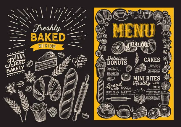 Vector illustration of Bakery menu food template for restaurant with doodle hand-drawn graphic.