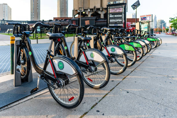 Toronto, Canada - September 21, 2019: Public Bike Share / Hire in Toronto, Canada. Bikes in a row