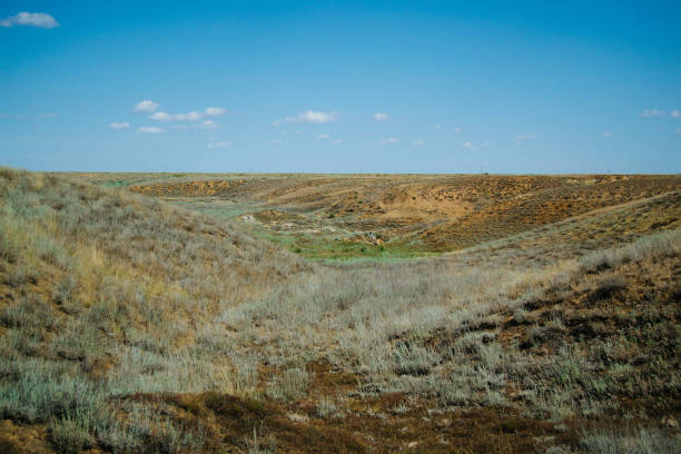 istock Distant hills. Hilly steppe. Curvy hills. Blue sky and grass. Beautiful plain. 1180781455