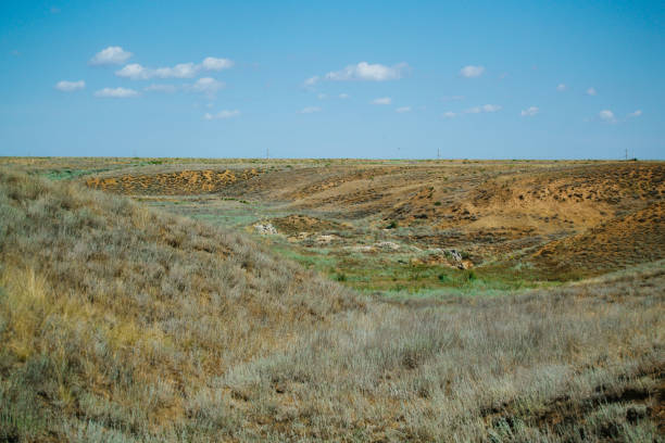 istock Distant hills. Hilly steppe. Curvy hills. Blue sky and grass. Beautiful plain. 1180781460