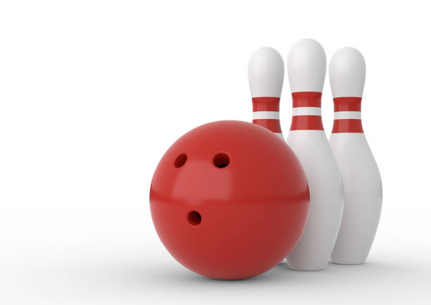 red bowling ball und weiße kegel auf weißem hintergrund isoliert - bowlingkugel stock-fotos und bilder