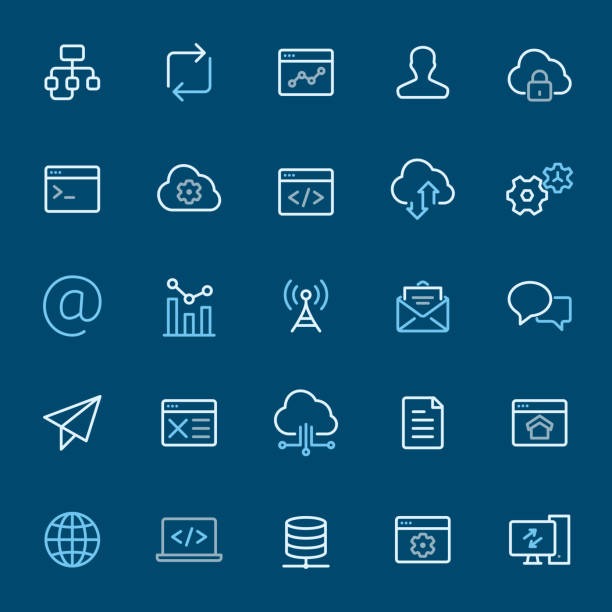 Internet Technology - color outline icons Internet Technology - 25 Outline Style - Pixel Perfect Tricolor - Icons Set #94 / Icons are designed in 48x48pх square, outline stroke 2px.
First row of outline icons contains:
Algorithm, Reload, Graph, User, Cloud Lock;
Second row contains:
Coding, Cloud Settings, Website Code, Cloud Storage, Gears;
Third row contains:
E - Mail address, Bar Graph, Antenna, Open E - mail, Speech Bubble;
Fourth row contains:
Planning, Wireframe, Modeling API, Content, Homepage;
Fifth row contains:
Globe, Using Laptop, Server, Settings, Computer.
Complete Navico icons collection - https://www.istockphoto.com/collaboration/boards/b3OZ01lhT0eMQOsbbTYVyQ flowchart symbols programming stock illustrations