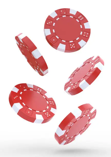 Falling casino chips on a white background. Red chips are flying. Concept of win or gambling. Poker games 3D rendering illustration