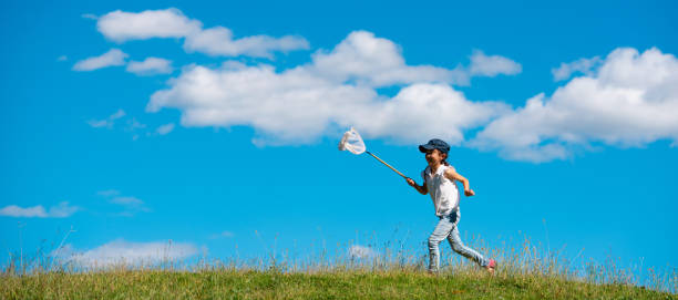 Girls with butterfly net having fun at field