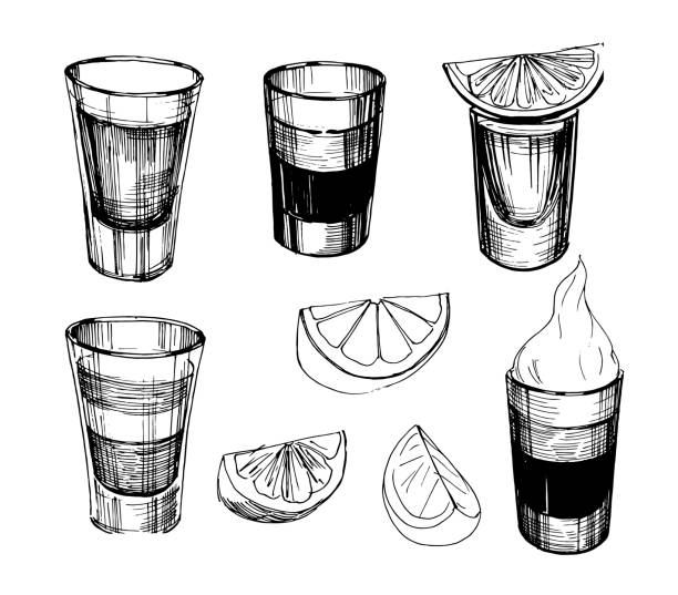 sketch alkohol trinkt schüsse. handgezeichnete illustration in vektor konvertiert - party hat cocktail time drink stock-grafiken, -clipart, -cartoons und -symbole