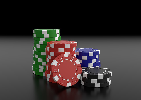 Casino chip stacks over black background. Casino concept. 3D render illustration