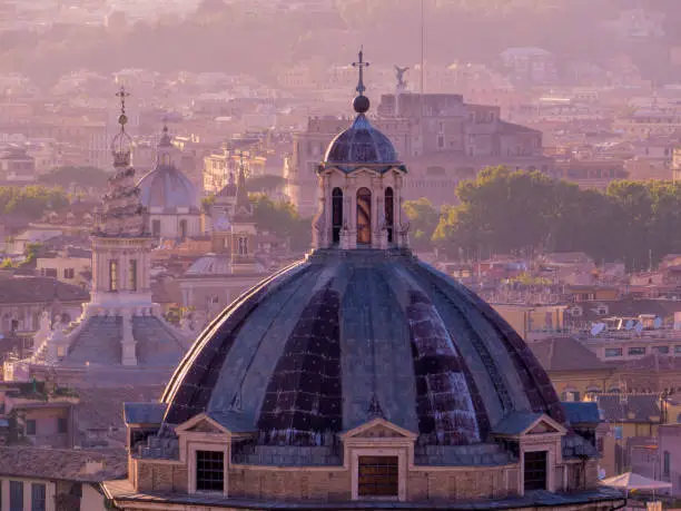 Aerial view of some of the many amazing Christian churches in Rome, Italy. View from the top of the Altare della Patria (English: "Altar of the Fatherland")