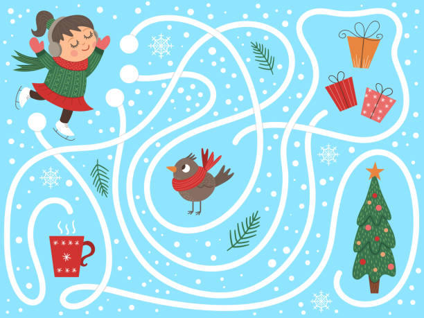 ilustrações, clipart, desenhos animados e ícones de labirinto do inverno para crianças. atividade pré-escolar do natal. ano novo jogo de puzzle com a menina de patinação, apresenta, pássaro, caneca. ajude a garota a chegar à árvore de natal. - brainteaser