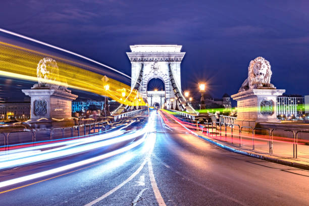 il ponte della catena a budapest di notte. luci mobili delle macchine. - budapest chain bridge night hungary foto e immagini stock